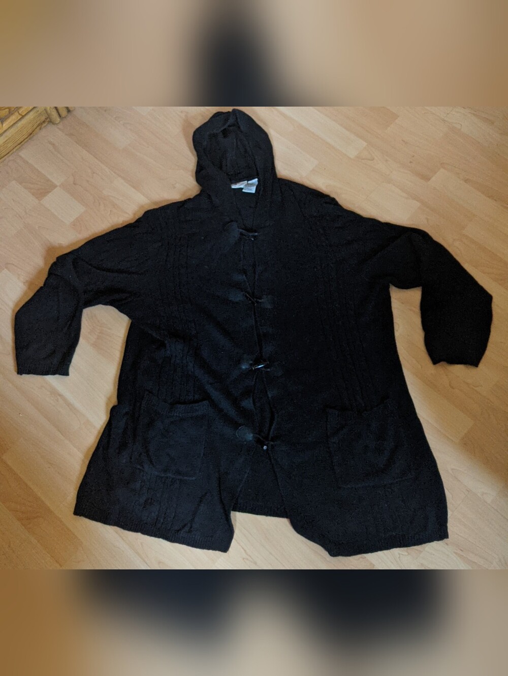 Faded Glory 26/28 (3-4X) Black Hooded Sweater With Cable Knit & Toggle Buttons